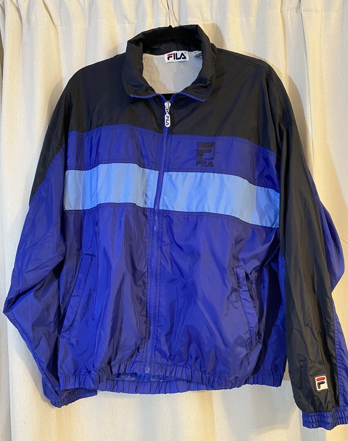 FILA Giacca Uomo L Windbreaker Nylon Track Piena Foderata Blu Nera con Tasche