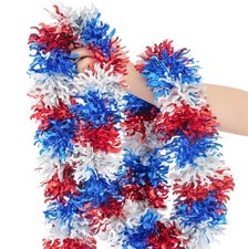 33FT 4Th of July Patriotic Tinsel Garland Red White Blue Glitter Metallic Twist