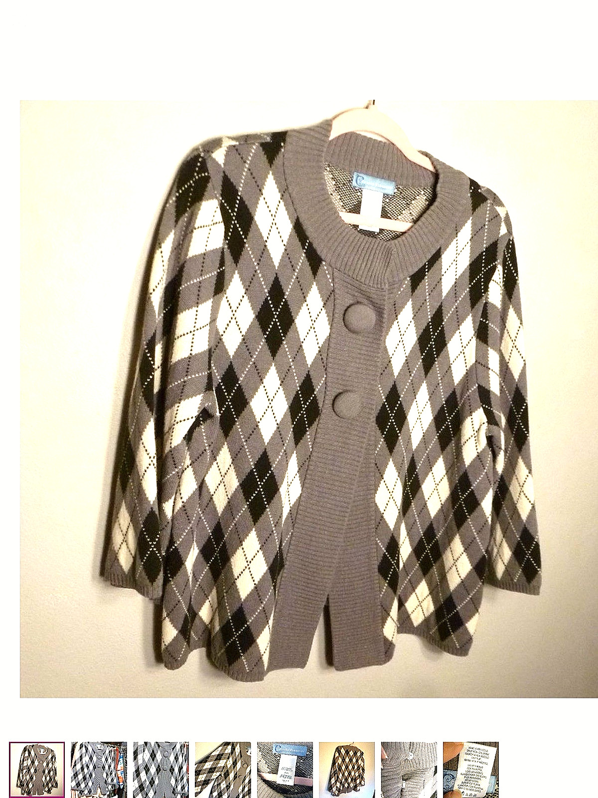 Classic elements Argyle Big Button 3/4 Sleeve Car… - image 1