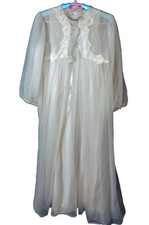 Gossard Artemis Long Nightgown Robe Peignoir White Set 2 Layer Chiffon Lace Med