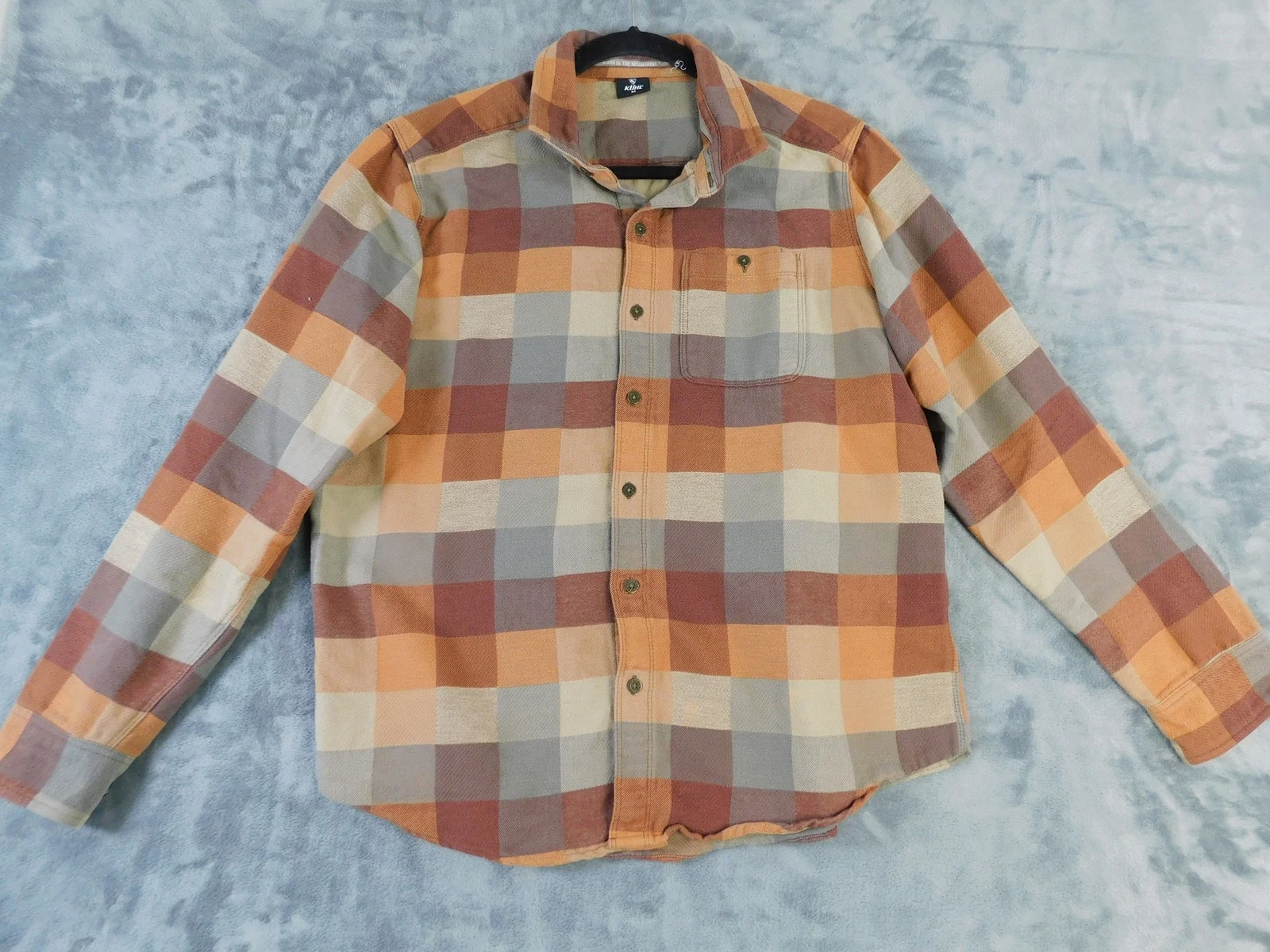 Kuhl Flannel Shirt Mens Medium Orange Tan Plaid Long Sleeve Outdoor Button Up