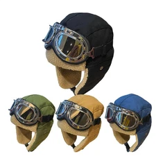 Aviator Hat and Goggles for Adult Kids Vintage Pilot Hat Costume Winter Trapper