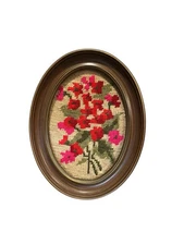 Vintage Crewel Cross Stitch Floral Oval Framed Retro Wall Art