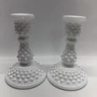 Vintage Set 2 Fenton Hobnail 6” Candlesticks White Milk Glass Candle Holders 70s