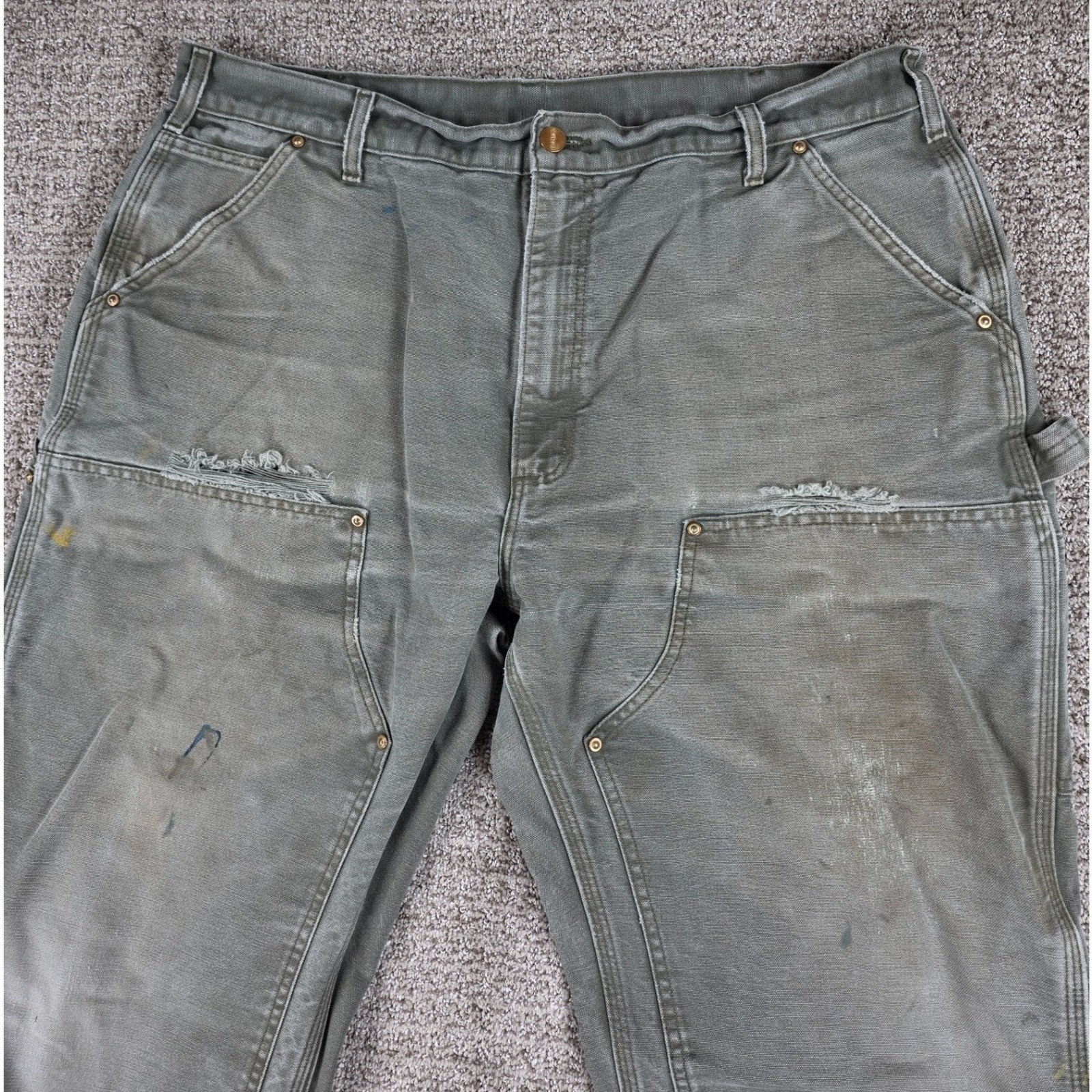 Carhartt B01 Mos Moss Green Double Knees Mens Pants Carpenter Canvas Distressed thumbnail 3