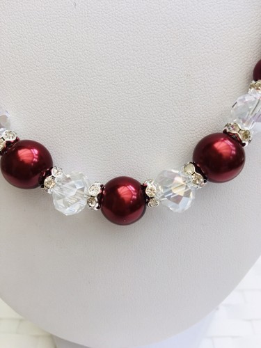 Beautiful Necklace Bracelet Earrings Set In Deep Red Faux Glass Pearls &Crystals - Picture 5 of 9