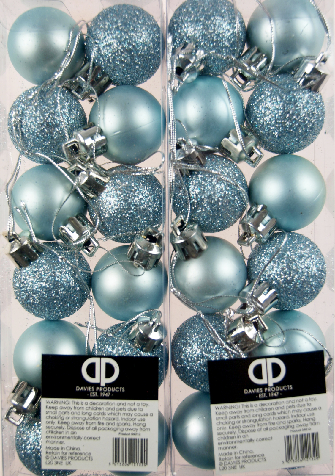 Mini Christmas Ice Blue Glitter Tree Baubles Decorations (Set of 24)