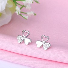 New Dainty  Petite Silver Triple Heart w/ Clear White Crystals Stud Earrings