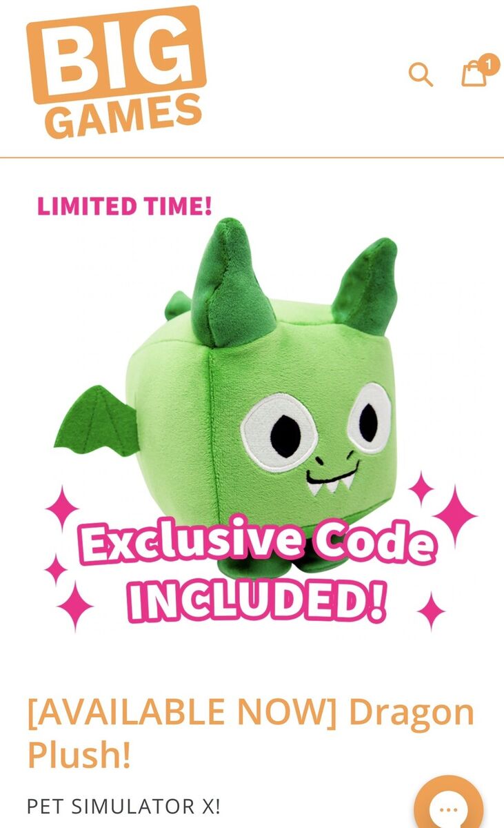 Big Games Roblox Pet Simulator X Dragon Plush w/ CODE NEW 🚚✓