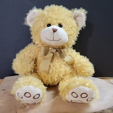 Hugfun Plush Bear Golden Yellow Embroidered Paws Gold Ribbon Fluffy Soft 12"