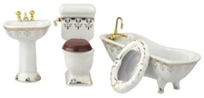 Dolls House White and Gold Bathroom Suite Porcelain Miniature Furniture Set