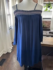 NWT Lascana Venus Navy Crepe Smock Embroidery Cold Shoulder Cover Dress Size 2