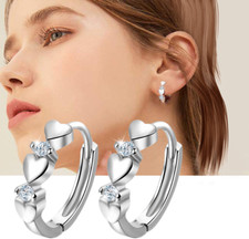 Women Girl 925 Silver Heart CZ Huggie Hoop Pierced Earrings 12mm TH1