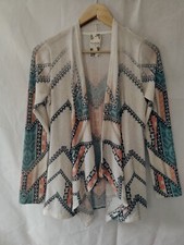 Blu-Pepper Beige Blue Geometric Print Open Front Sweater WRAP Size S Made in USA