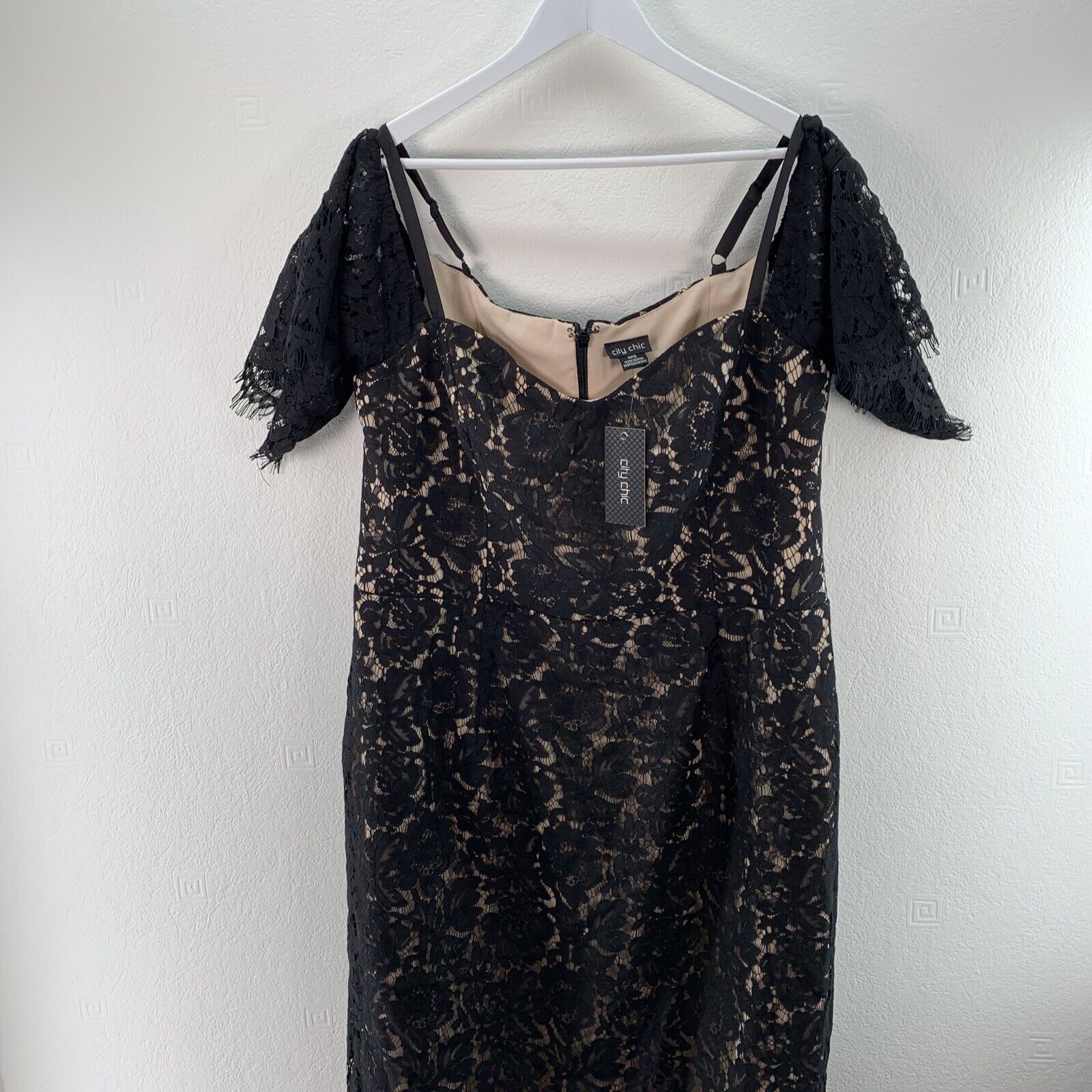 Evans City Chic Lace Whisper Dress, Size M UK 18, Black Nude, RRP £75