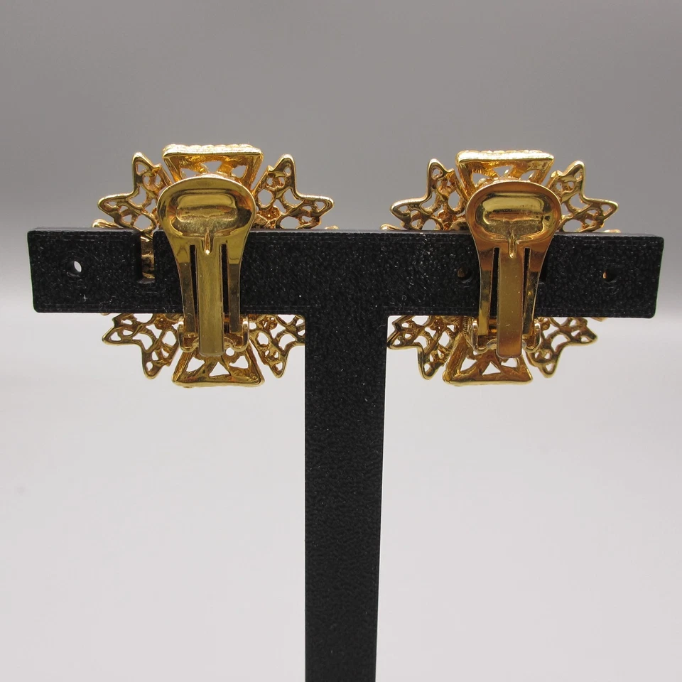 复古 KJL 耳环 马耳他十字水钻 金色 金银丝夹 — 第 3/4 张图片