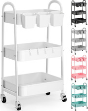 3 Tier Heavy Duty White Metal Rolling Cart with Lockable Wheels, Three Tier Roll