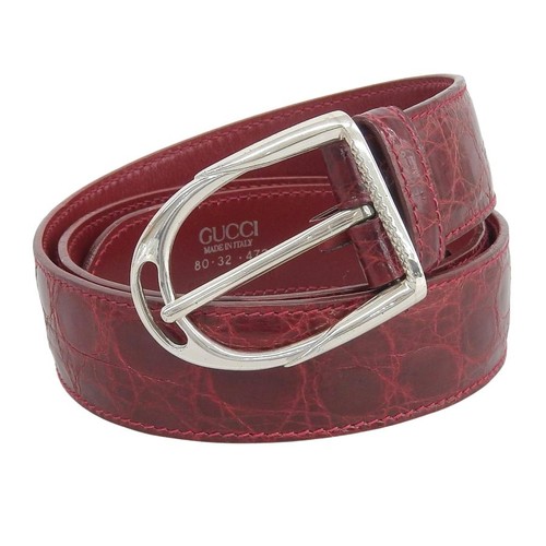 Used Good Condition▲GUCCI 087.194 Logo Engraved Buckle Crocodile Leather Belt