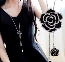 Women's Fashion Metal Black Rose Long Necklace - 10% Discount Available
