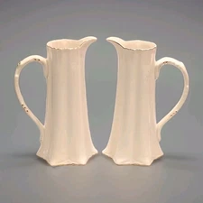 2 VTG BRISTOL HOUSE Ivory Porcelain Pitchers, Gold Gilded+Scalloped Handle & Rim