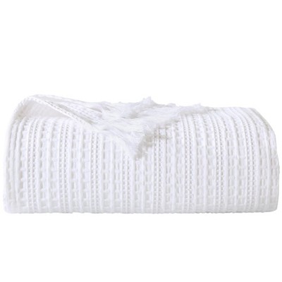 100% Cotton Waffle Blanket with Fringe, Pre-Washed Waffle Weave Blanket for All