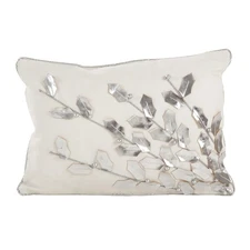 Metallic Poinsettia Branch Design Holiday Cotton Poly Filled Throw Pillow, Si...