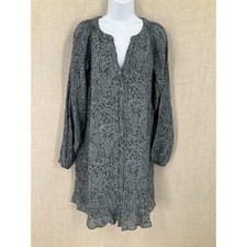 LOFT Dress Womens Medium Black Paisley Split Neck Long Sleeve Boho Shift