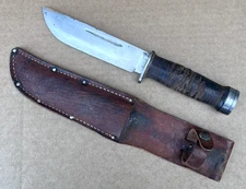 Vintage Cattaraugus 225Q Fixed Blade Leather Handle Knife & Sheath WWII Miltiary