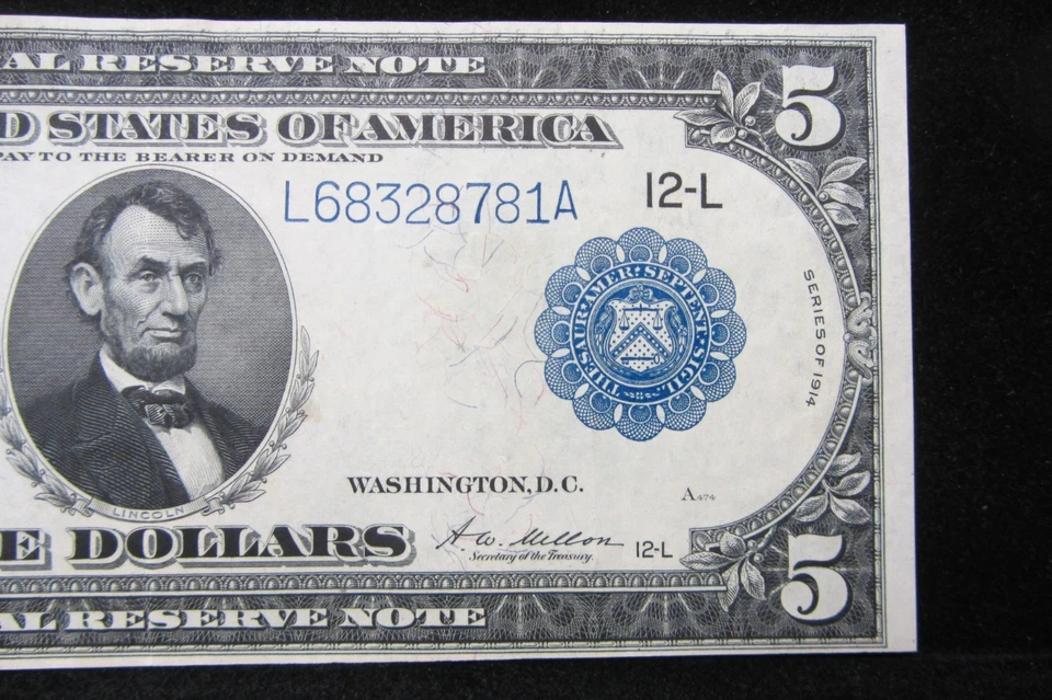 1914 $5 LARGE SIZE FEDERAL RESERVE NOTE - BLUE LABEL - LINCOLN - NICE XF - Image 3 of 4