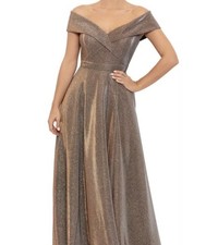 XSCAPE Estelle Gold Glitter Off-Shoulder Long Formal A-Line Dress 5220X Size 8