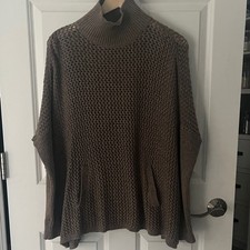 LOFT light brown open knit mock neck poncho w/ sleeves; pockets; oversized sz XS