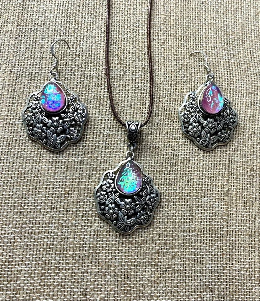 Collar Pendientes Rosa Topacio Místico Floral Grabado Plateado Bali Victoriano Foto 3 de 4