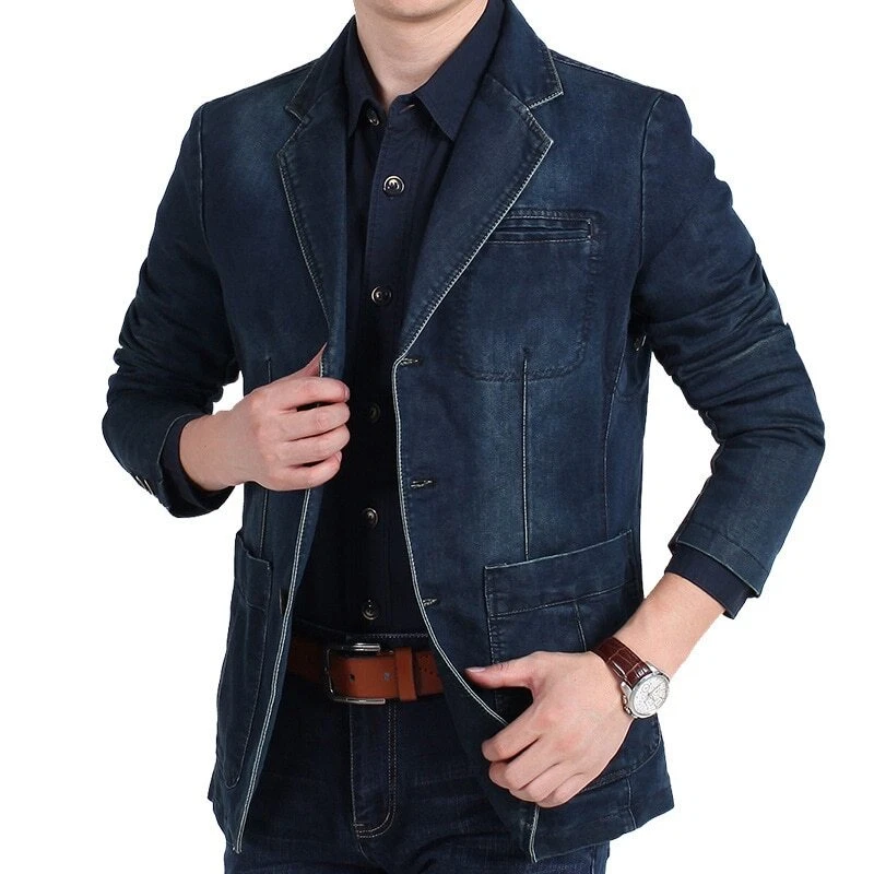 MenDenim Blazer Men Fashion Cotton Vintage Suit Outerwear Male