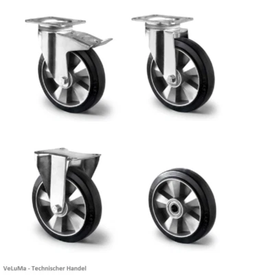 VELUMA Schwerlastrolle Elastik Gummi 125 160 200 Transportrollen Lenk Bremse Bock