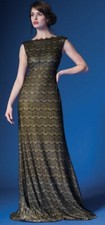 Tadashi Shoji Black Gold Chantilly Lace Illusion Back Boatneck Dress Gown 4 6