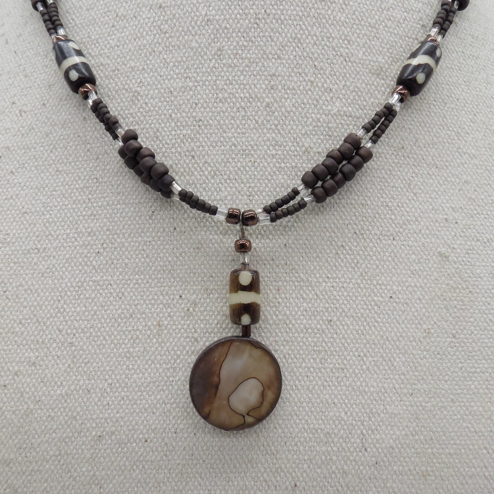 Brown Shell Pendant Beaded Necklace Black Dzi Beads Boho Ethnic 17" - Image 3 of 4