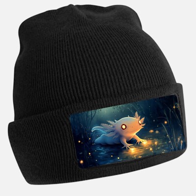 Black Beanie Hat with Cool Axolotl Motif - Unisex Cap, Cotton