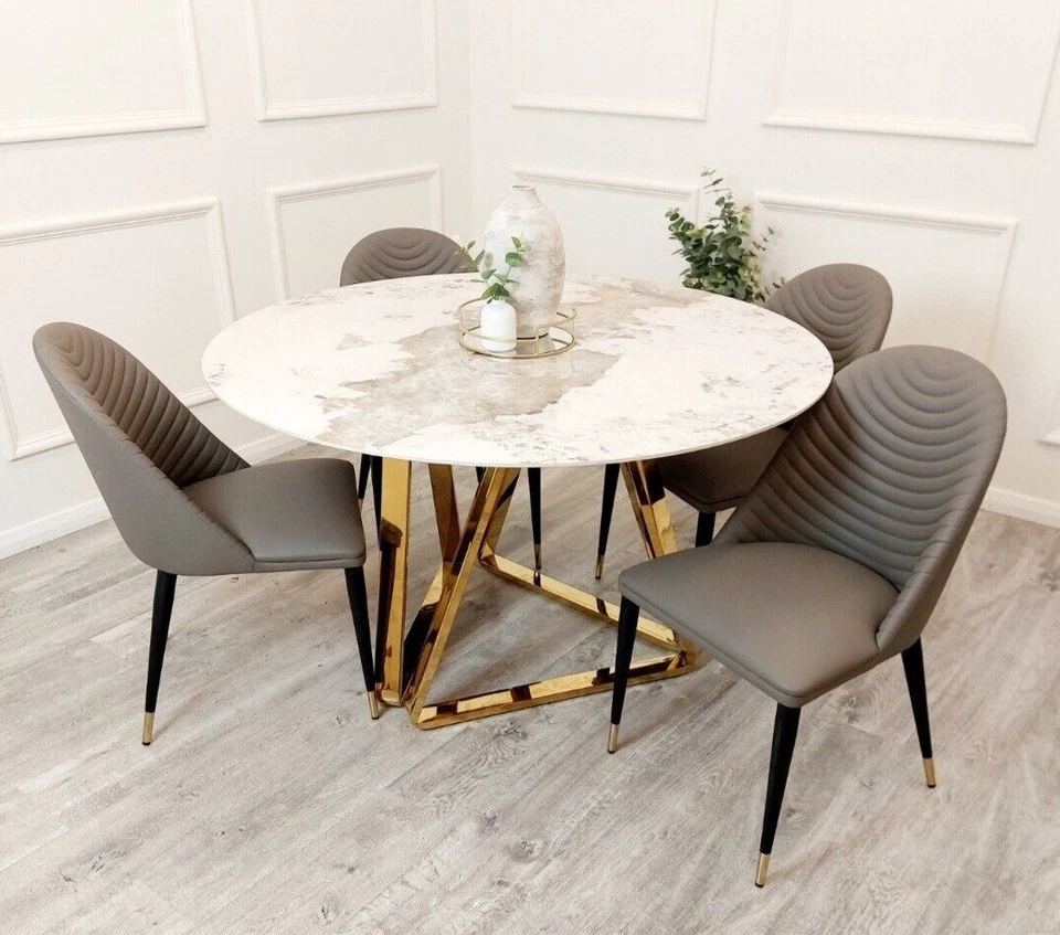 Aisha Luxury Italian 1.3m Round White Marble Stone Gold Dining Table NEW - Image 2 of 4
