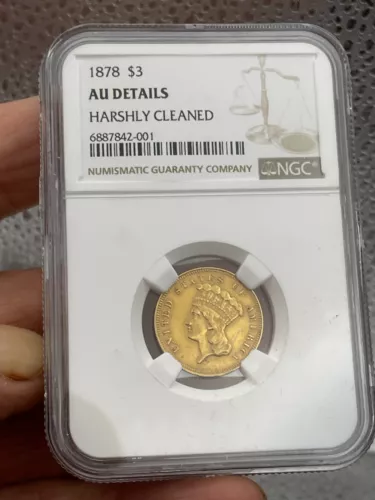 1878 Three Dollar Indian Gold Coin $3 - Certified NGC AU Details - Rare Coin!