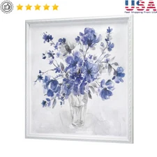 Framed Blue Floral Wall Art Decorative Flower Vase Perfect Home Gift Decor New