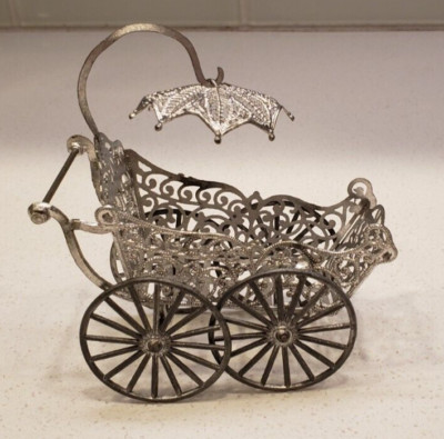 Antique Silver Soft Metal Filigree Baby Doll Carriage with Umbrella Parasol