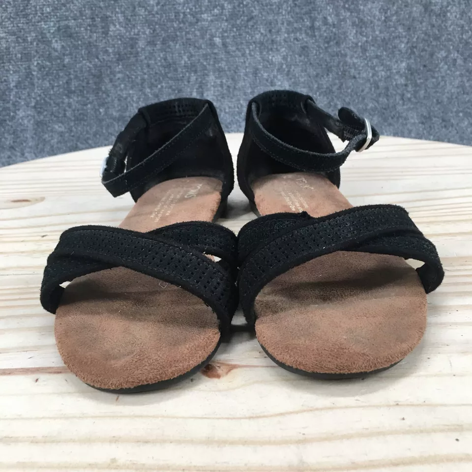 Toms 凉鞋女式青少年 2 踝带平底拖鞋扣舒适黑色麂皮绒 — 第 4/4 张图片