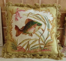 16" Hand Crafted Fine Sofa Chair Decor Fish Needlepoint Pillow Cushion Cover