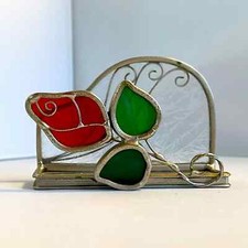 Stained Glass Business Card Holder Red Flower Floral Handmade Vintage