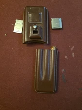 BROWN LEATHER CIGAR SET -  CASE, CUTTER & LIGHTER, WORKING.