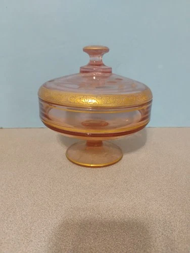 Vintage Depression Rose Glass with Gold Encrusting Covered Candy Dish/Catchall