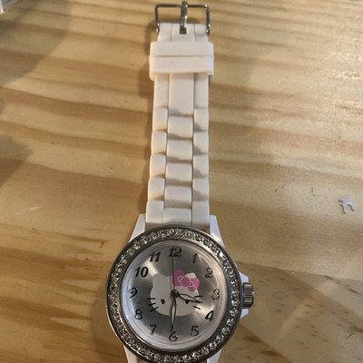 Hello Kitty Watch Women Crystal Bezel Silver Tone White Band 