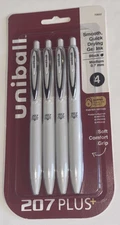 4-Pk Uniball 207 Plus+ Retractable Gel Pens Medium 0.7mm Black Ink White Barrels