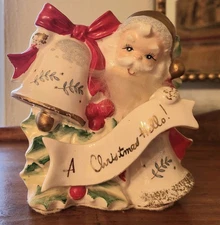 VINTAGE UCAGCO CHRISTMAS SANTA JINGLE BELL A CHRISTMAS HELLO BANNER PLANTER