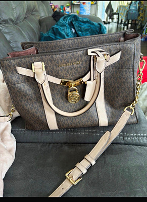 Michael Kors Logo Satchel Top Handle Bag Zip Detachable Strap Lock Medium Brown